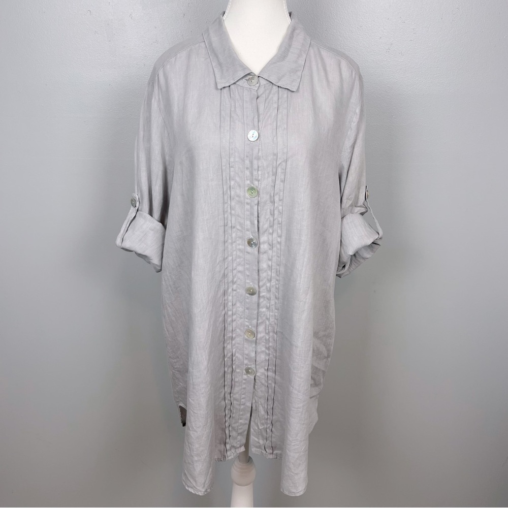 Match Point 100% linen gray roll tab sleeve button front tunic dress,size small.